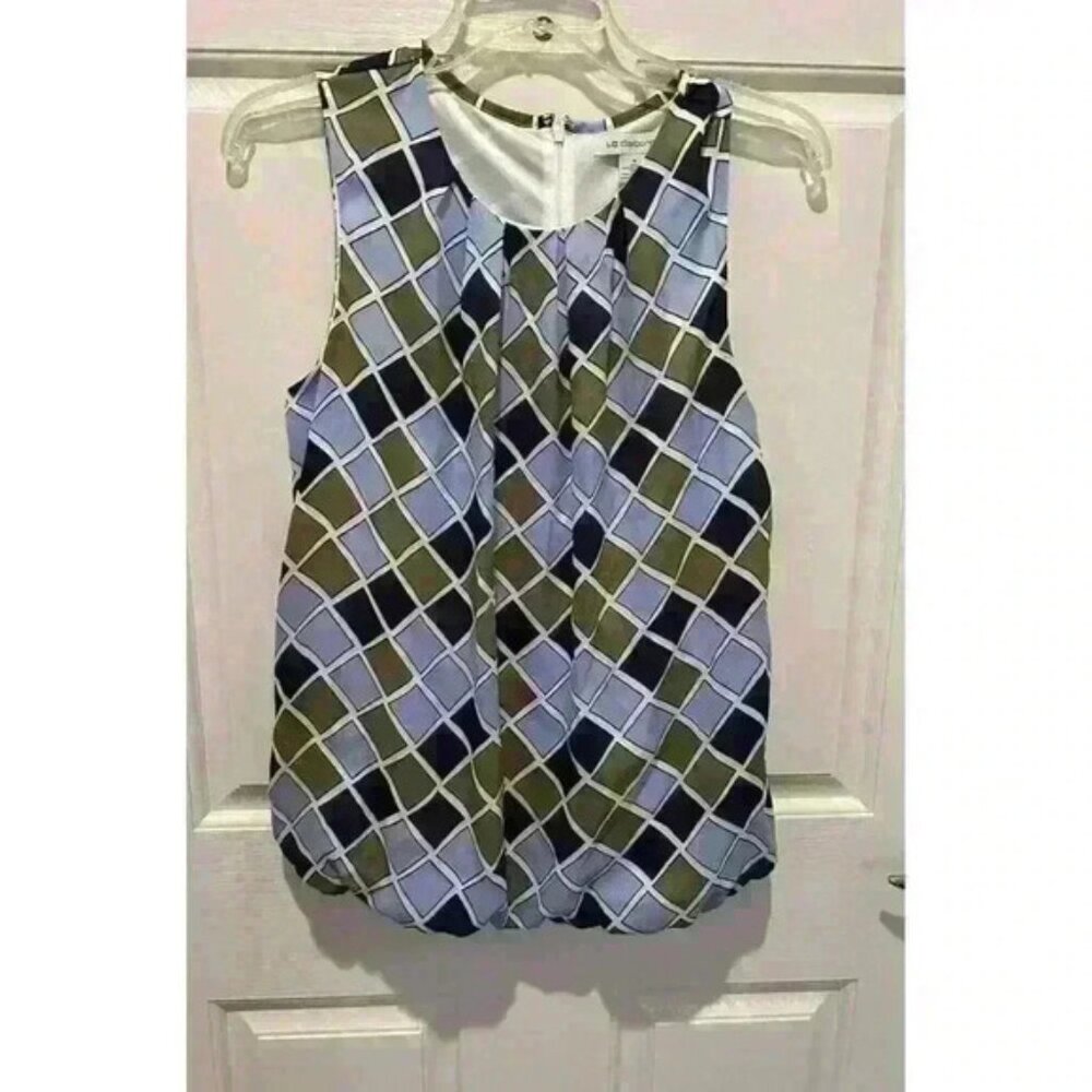 Liz Claiborne blue/green squares round neck sleeveless career blouse Women's M